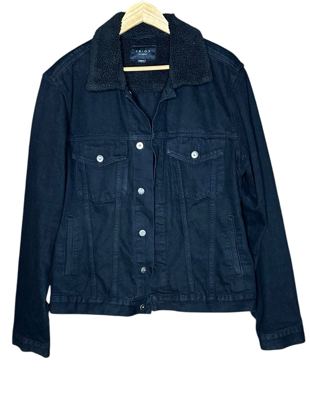 Triot Los Angeles Men’s Black Denim Trucker Jacket, Sherpa Collar. Size Large